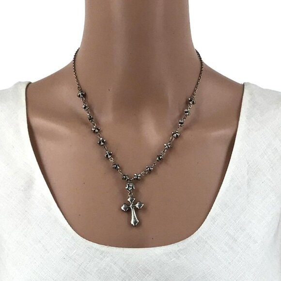 Cross Pendant Necklace Rhinestone Accent Adjustable Length Silver Tone - Picture 1 of 2